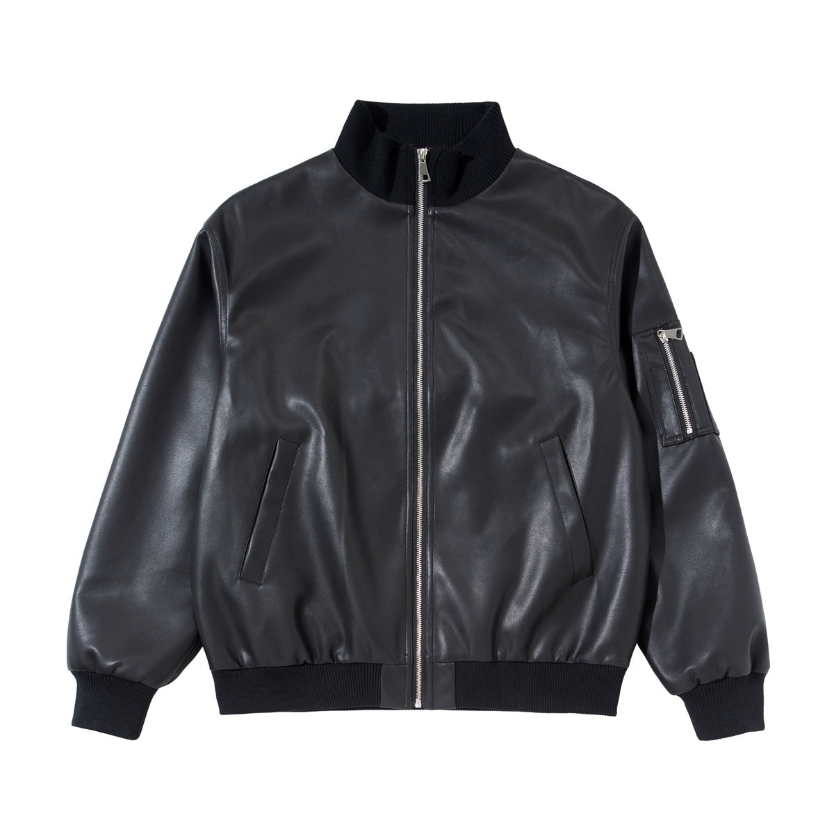 Black faux-leather zip-front bomber jacket with ribbed collar, cuffs and hem, flat lay front view