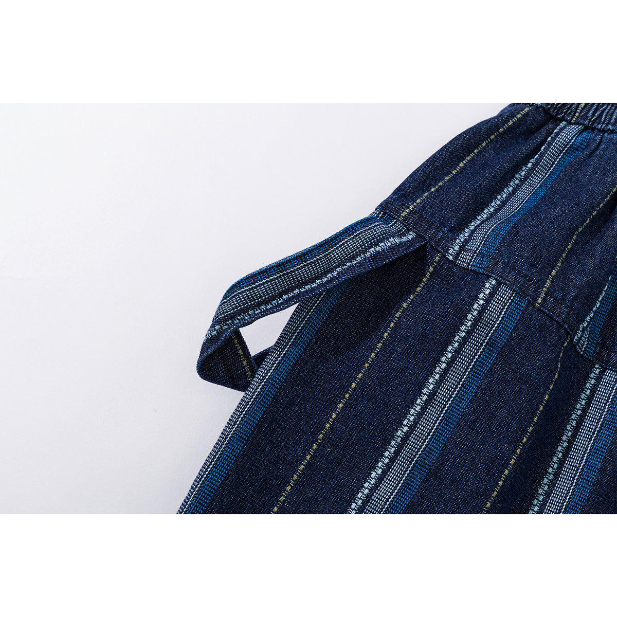 Close-up of a side pocket on dark blue trousers with blue, white, and muted yellow stripes.