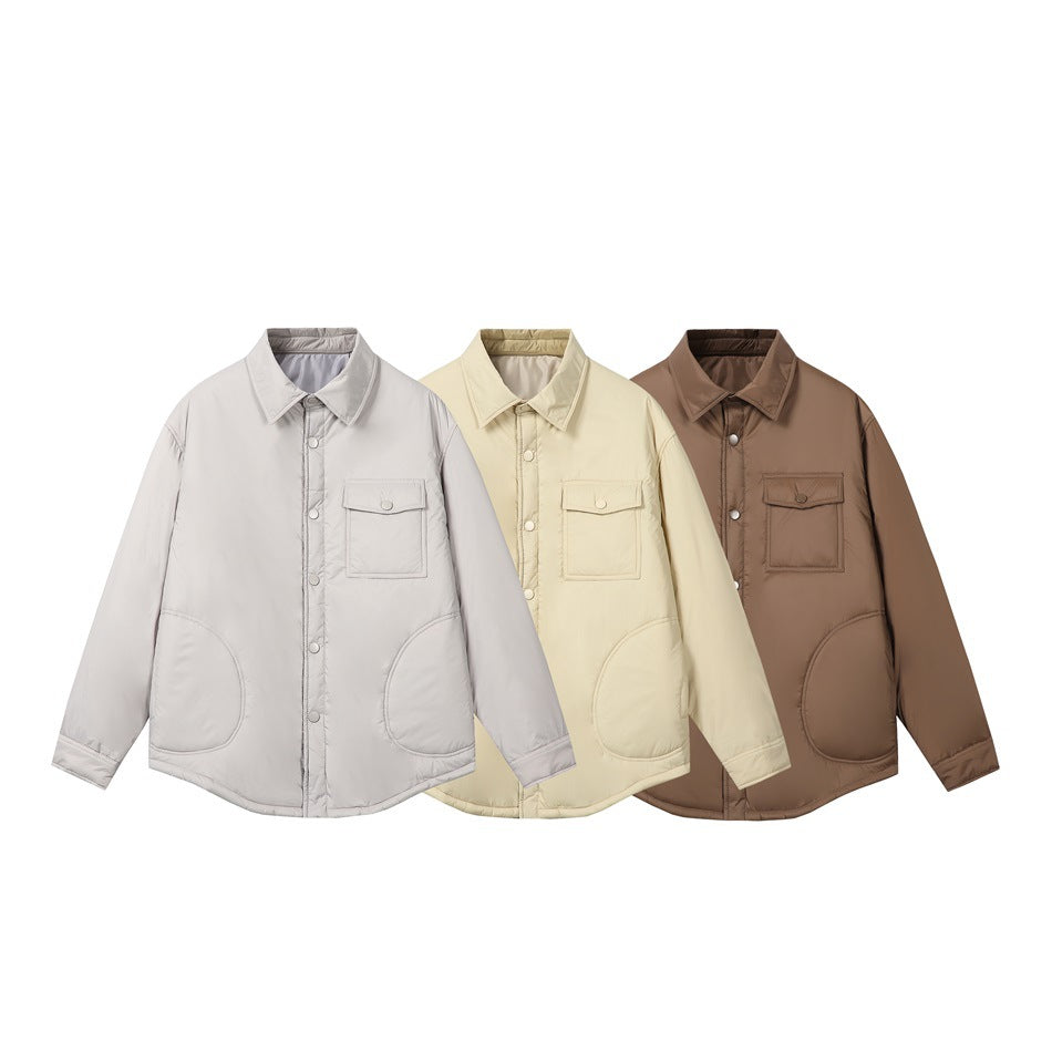 Three shirt-style jackets shown from the front in light gray, pale cream, and brown, with snap fronts and pockets.