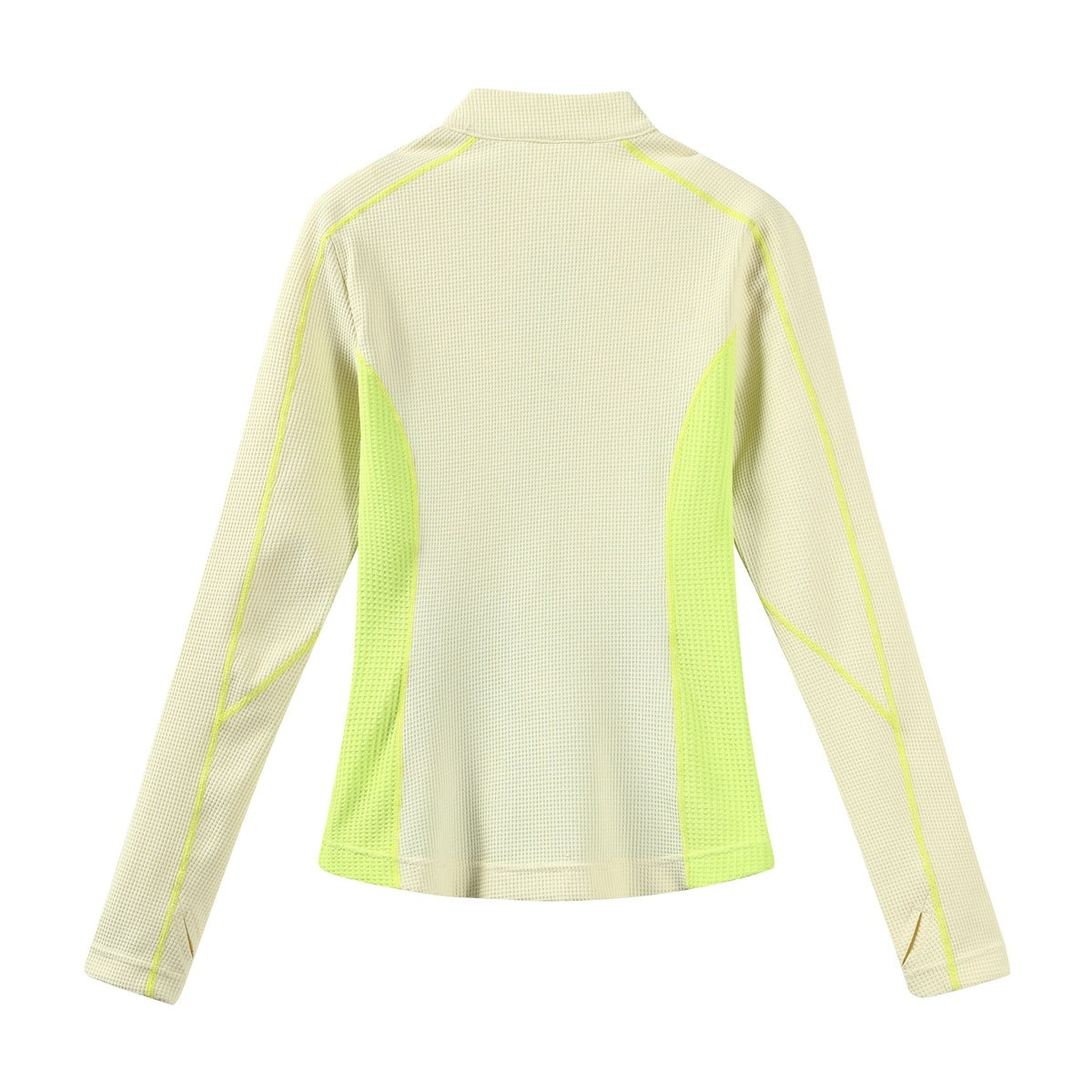 Back view of a light cream textured long-sleeve jacket with bright lime side panels and seam accents.