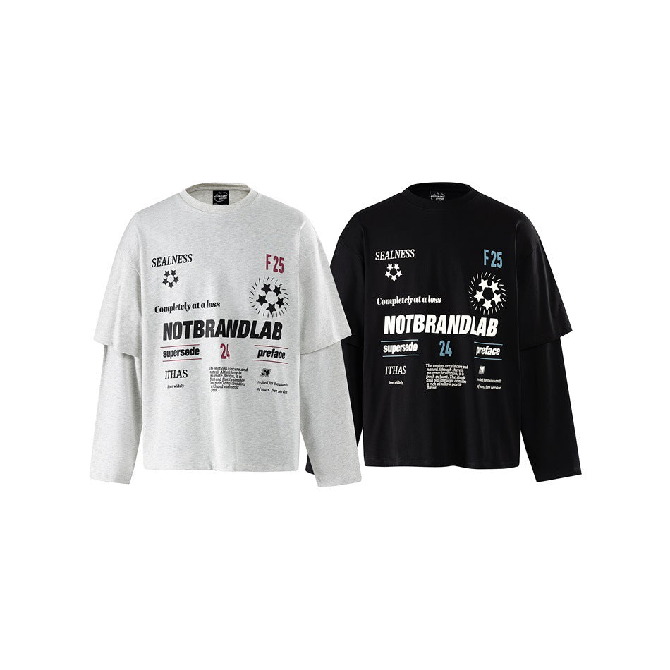 Light gray and black long-sleeve T-shirts displayed side by side, both with bold text and star prints on the front.