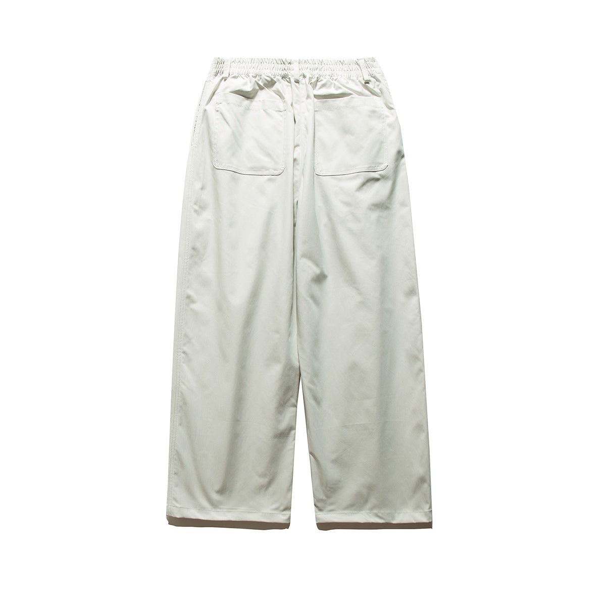 Rear view of pale gray wide-leg trousers with an elasticated waistband and two back pockets.