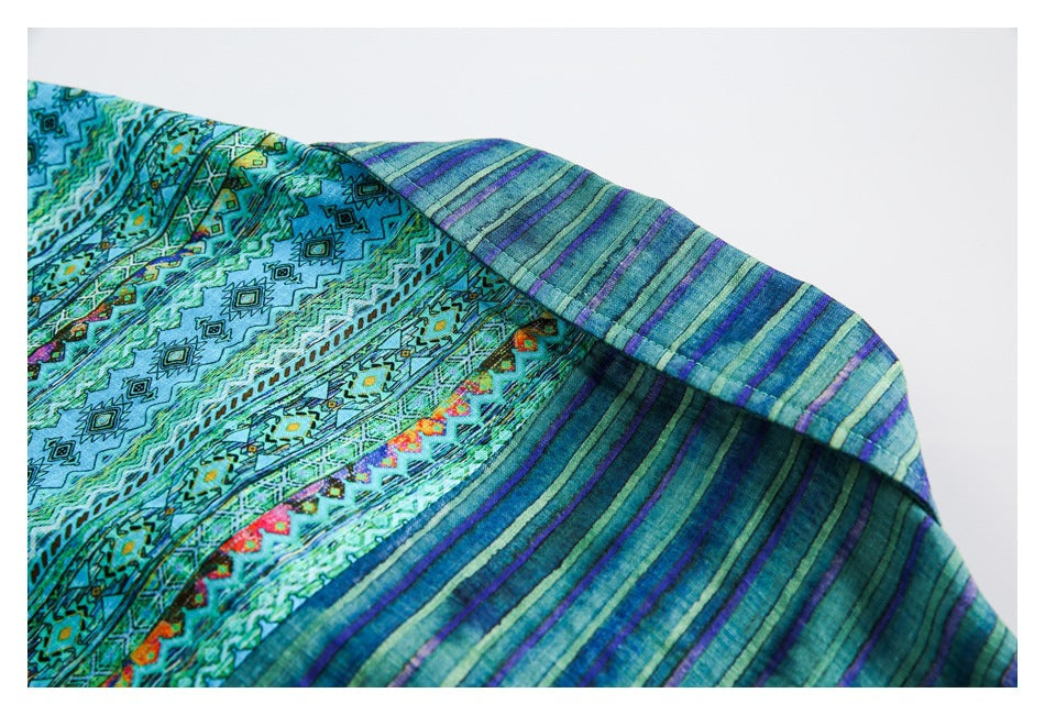 Close-up showing turquoise geometric print beside a striped teal section at a folded edge.