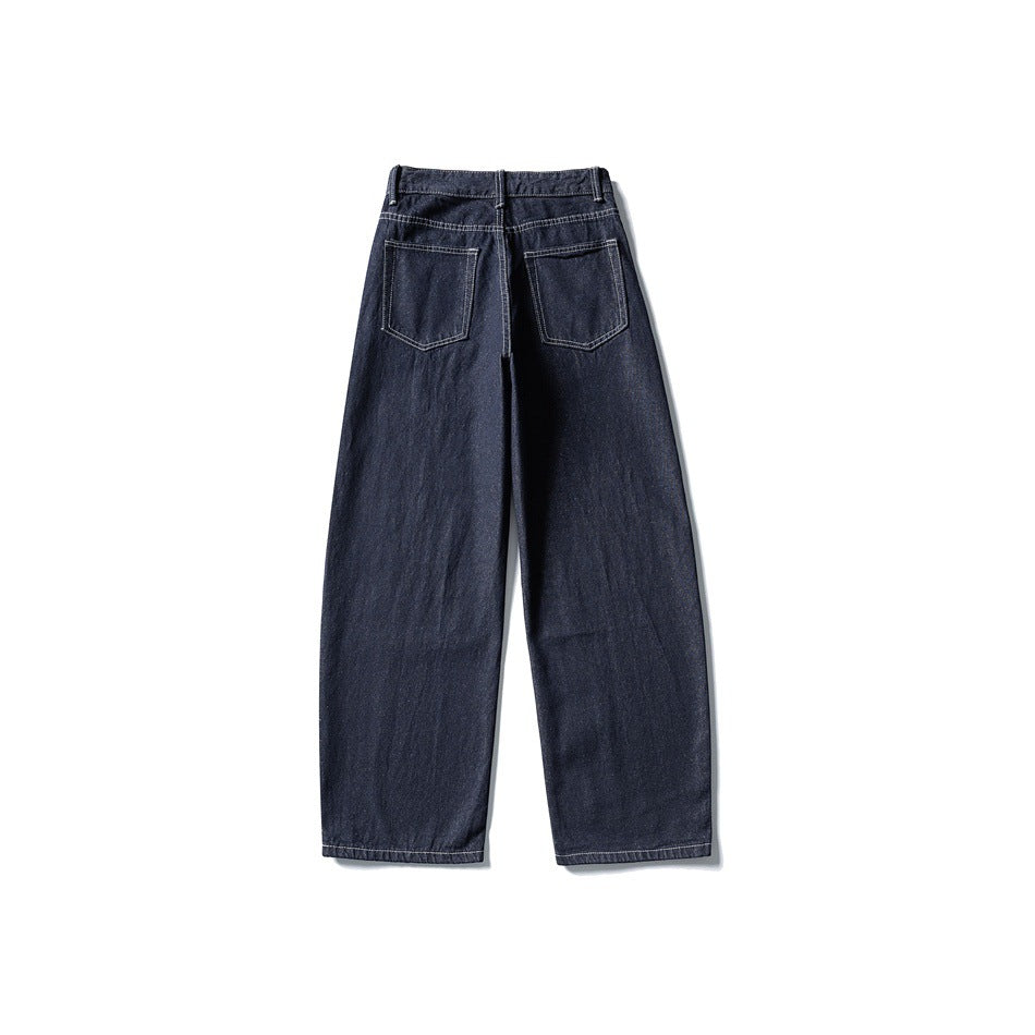 Navy blue wide-leg denim jeans, flat back view with two patch pockets and contrast stitching