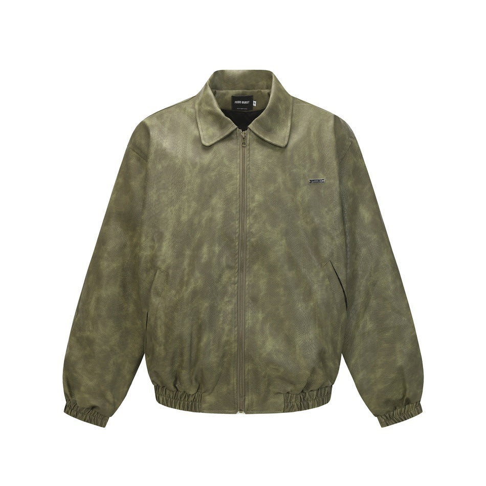 Olive green mottled zip-front collared jacket with elastic cuffs and hem, flat front view