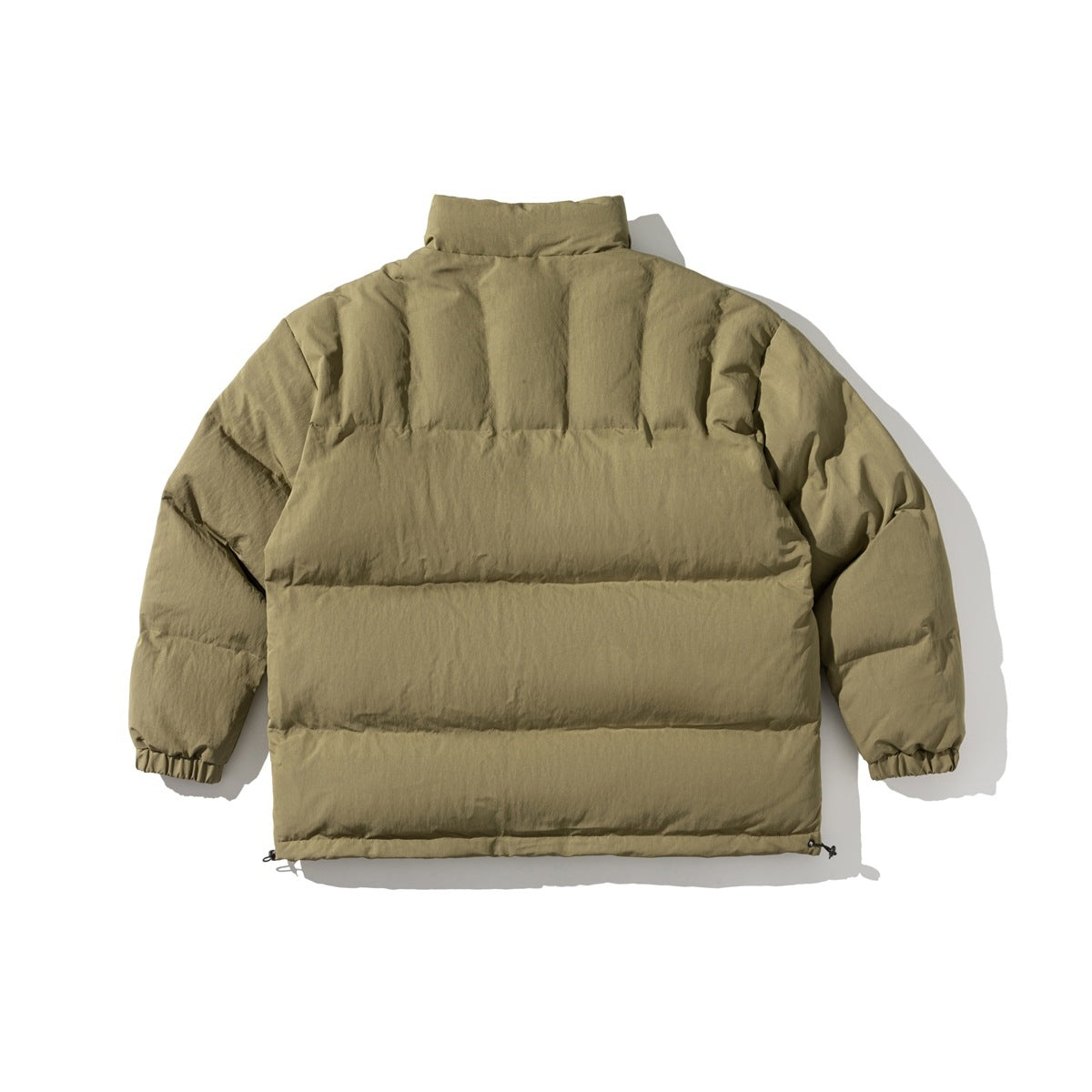 Back view of an olive-khaki padded jacket with a high collar, long sleeves, and horizontal baffles.