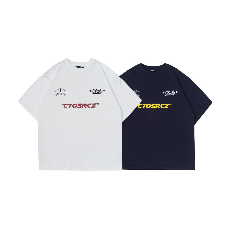 White and navy short-sleeve crew-neck T-shirts shown from the front, each with chest graphics.