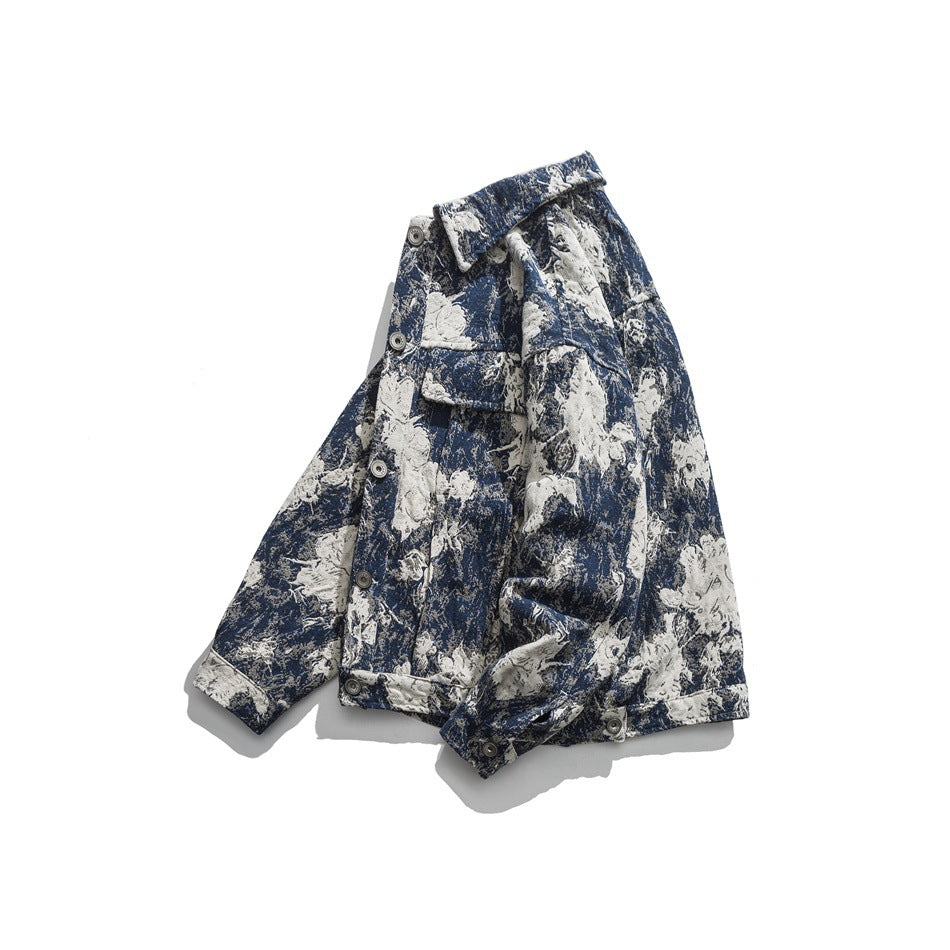 Blue and cream floral-patterned button jacket shown at an angled front view on a white background.