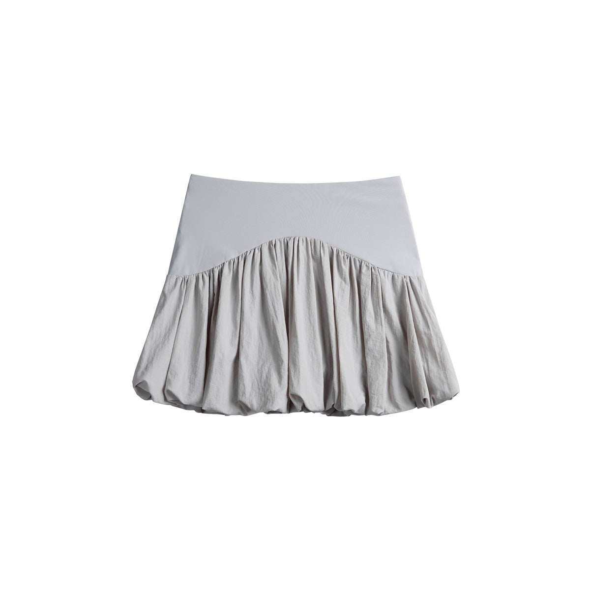 Light gray high-waist mini skort with a gathered puffed bubble hem, flat front view
