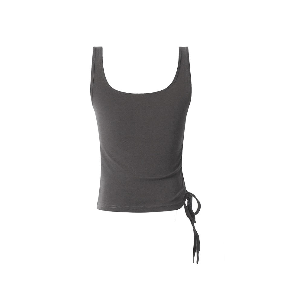 Charcoal sleeveless tank shown flat from the back, with a scoop neckline and long side ties.