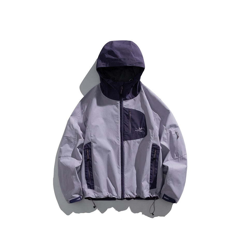 Light purple hooded zip jacket with dark purple hood, chest panel and pocket panels, front view on white background