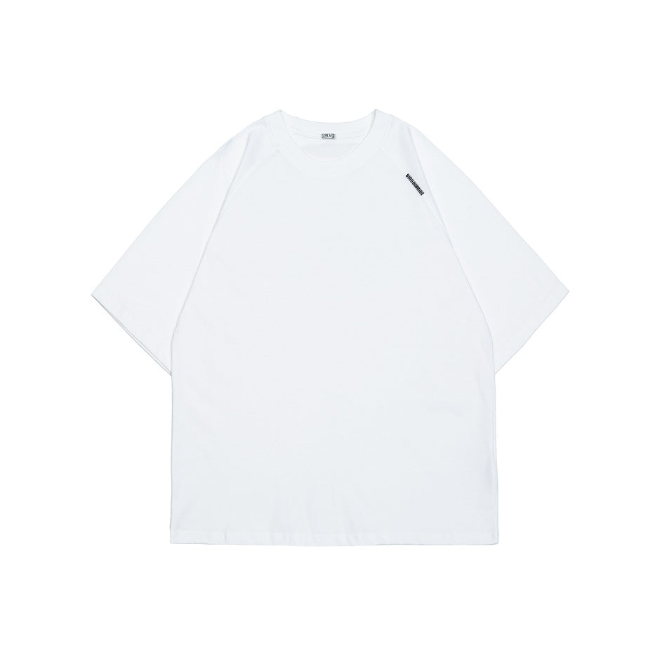 White short-sleeve crew-neck raglan T-shirt, flat front view with small embroidered bar detail near the shoulder