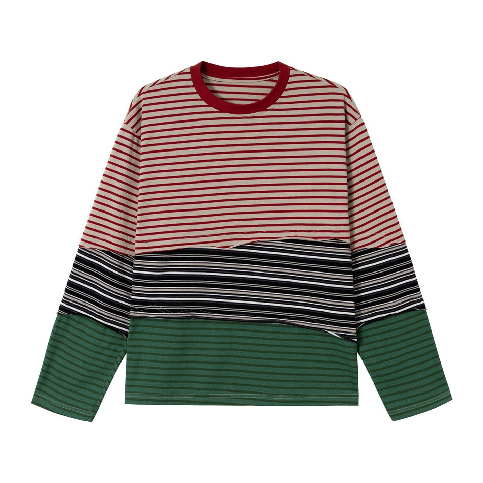 Flat-lay front of a long-sleeve top with red, black and green striped patchwork panels and a red crew collar