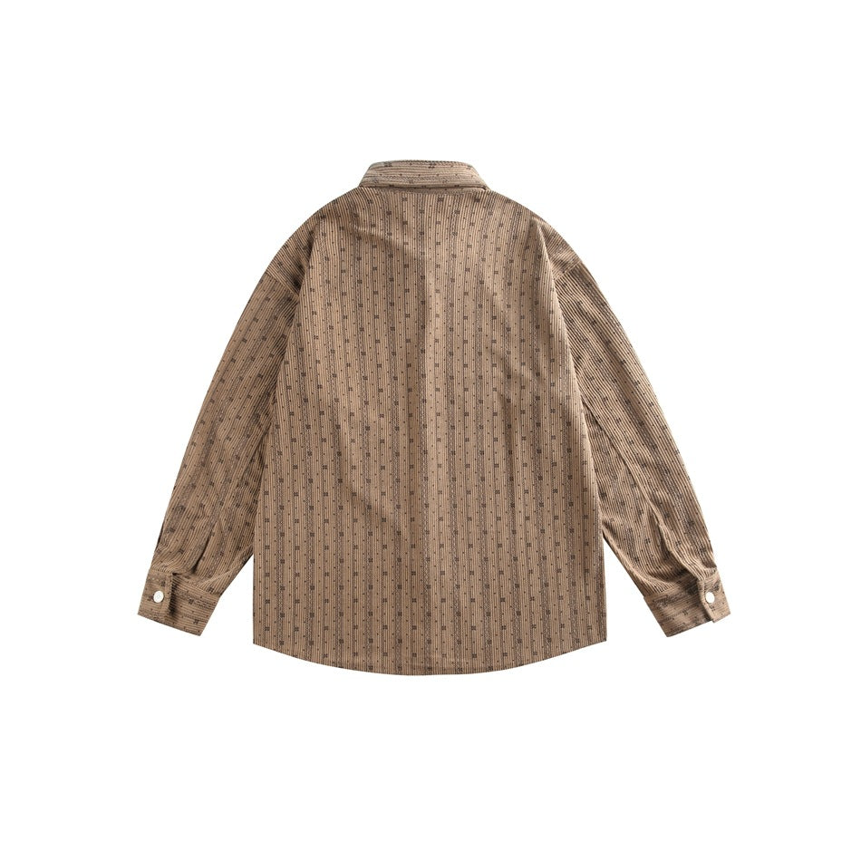 Brown button-up shirt shown from the back, with fine vertical stripes and a small repeating pattern.