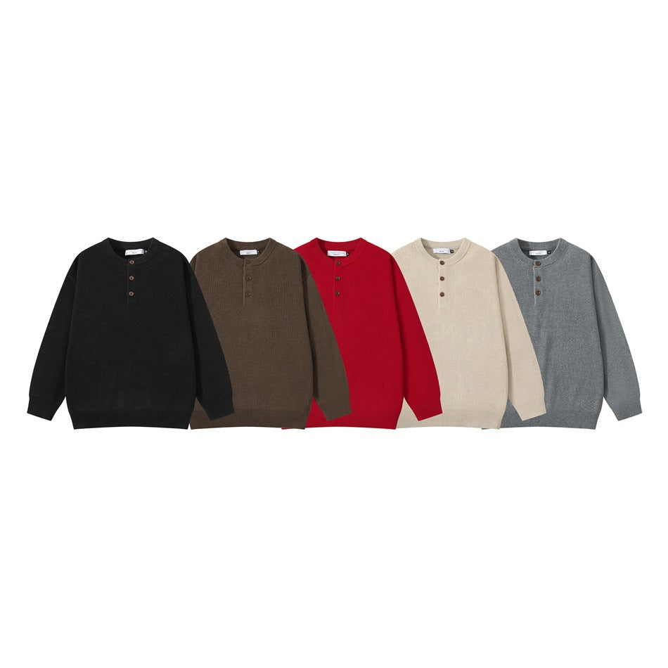 Five front-facing ribbed henley sweaters in black, brown, red, cream, and gray.