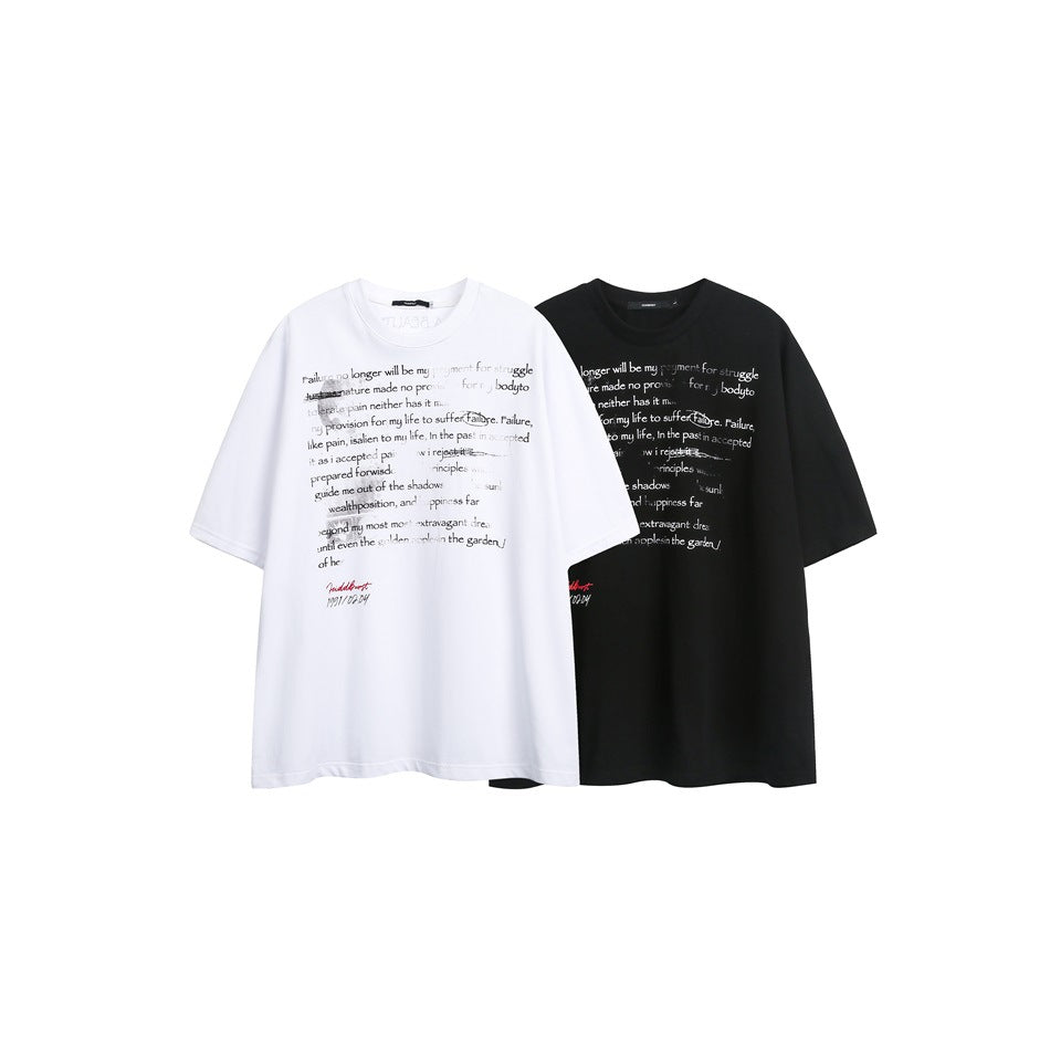 White and black oversized graphic T-shirts displayed side by side, both with short sleeves and crew necks.
