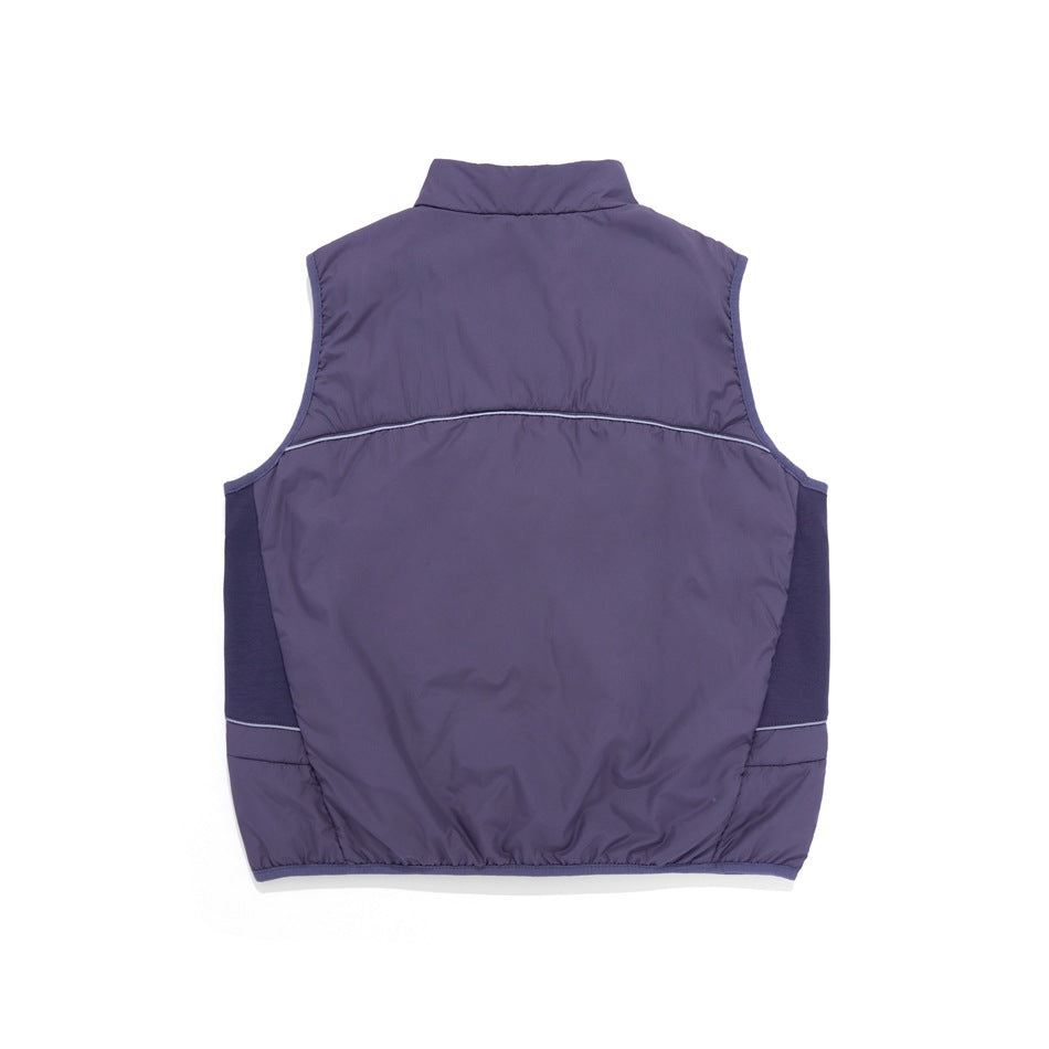 Back view of a purple sleeveless vest with a stand collar, darker side panels, and a thin curved line of pale piping.