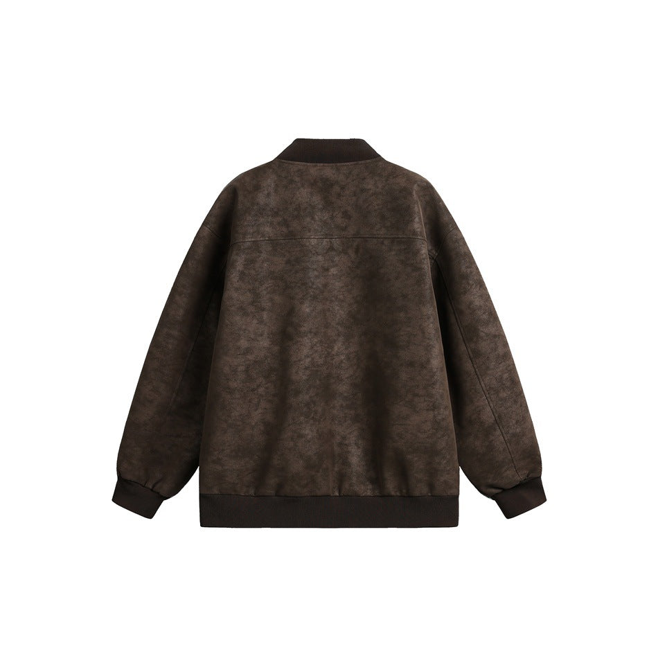 Back view of a mottled dark brown bomber jacket with a horizontal shoulder seam and dark ribbed trim.