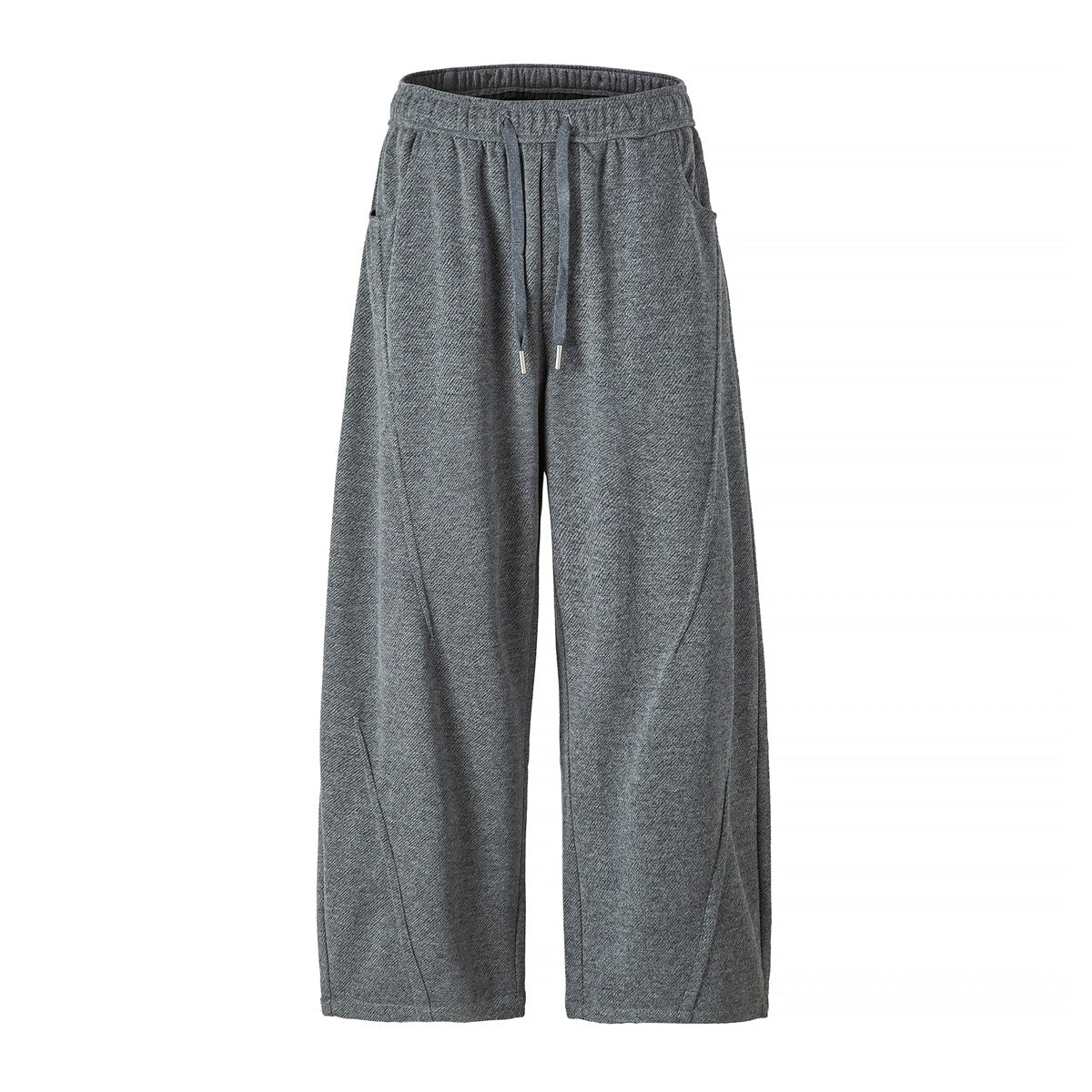 Gray wide-leg drawstring pants with elastic waist, side pockets and curved leg seams, flat front view