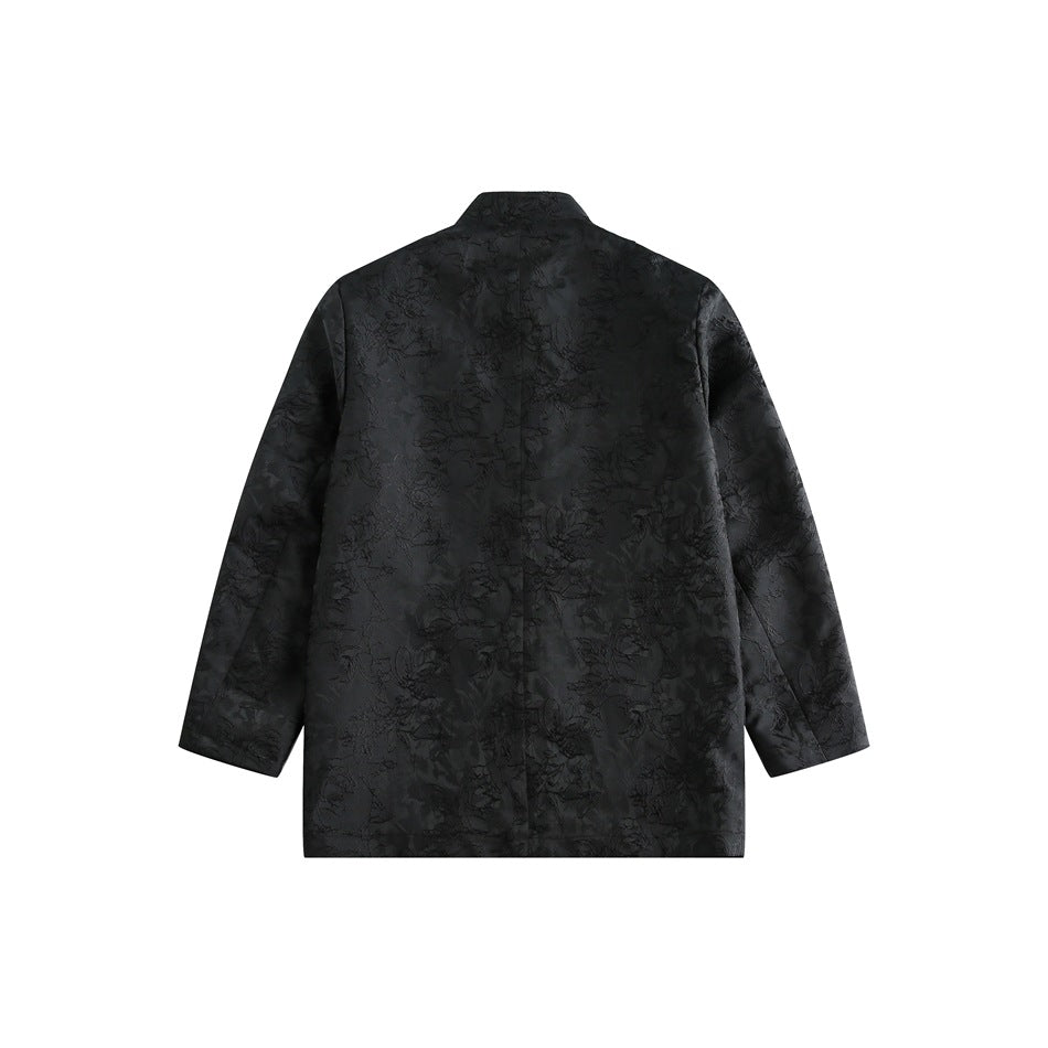 Back view of a black long-sleeve jacket with a stand collar and subtle floral pattern.