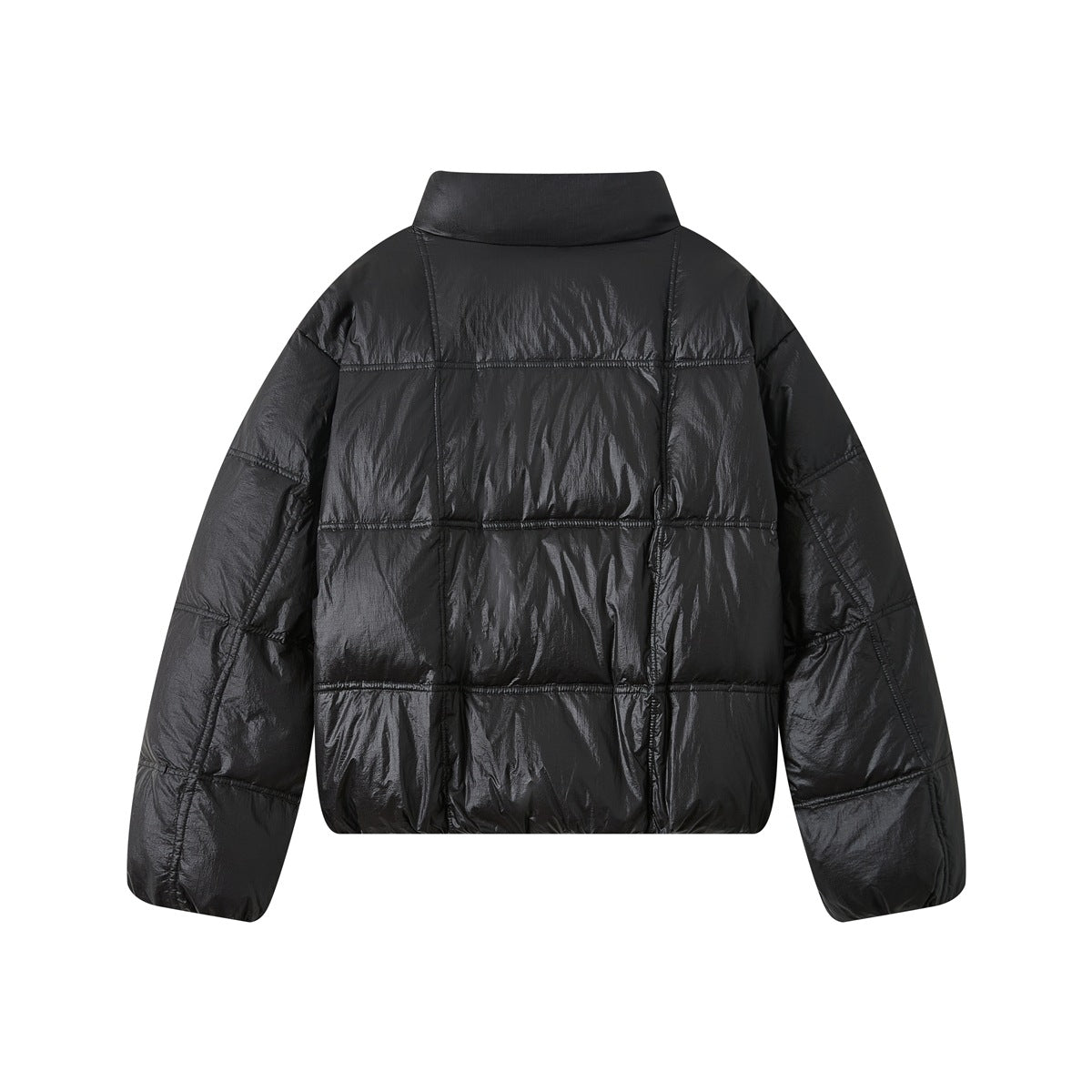 Back view of a black puffer jacket with a tall collar and rectangular stitched panels.