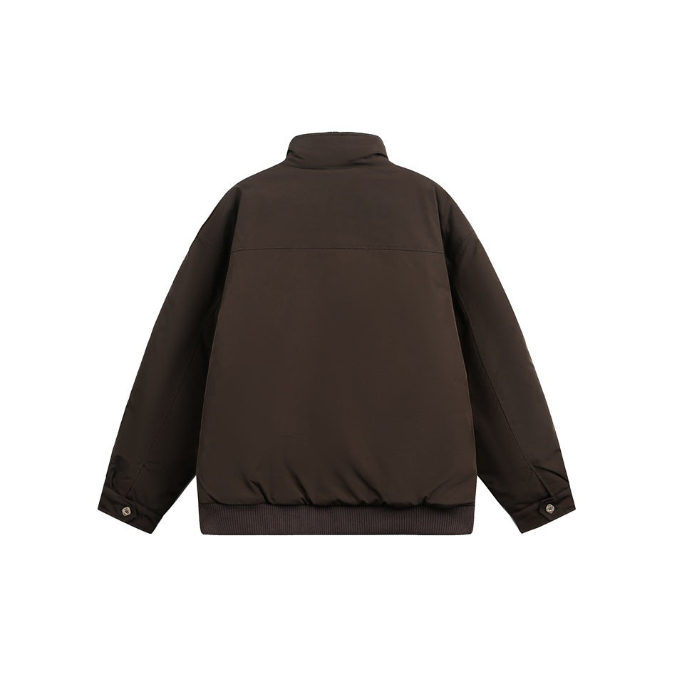 Back view of a dark brown jacket with a stand collar, long sleeves, buttoned cuffs and ribbed hem.