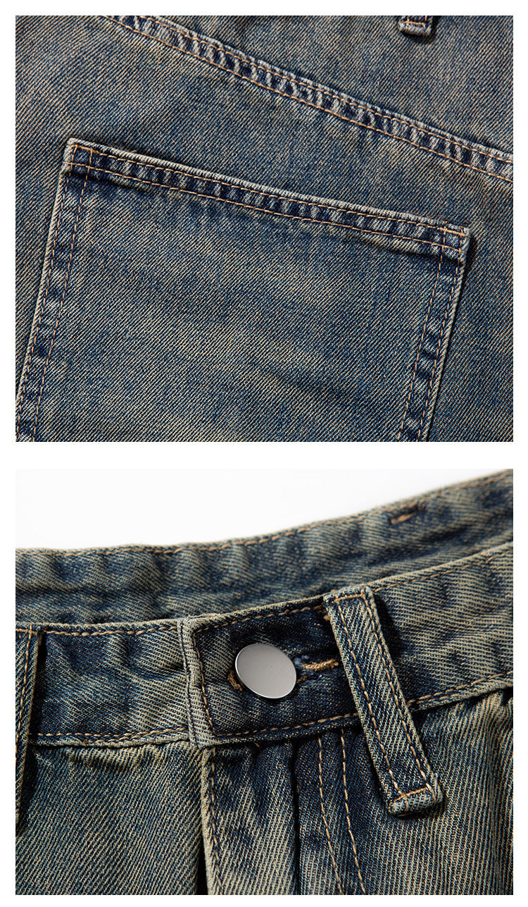 Collage of close-ups showing a stitched patch pocket and the waistband button on washed denim shorts.