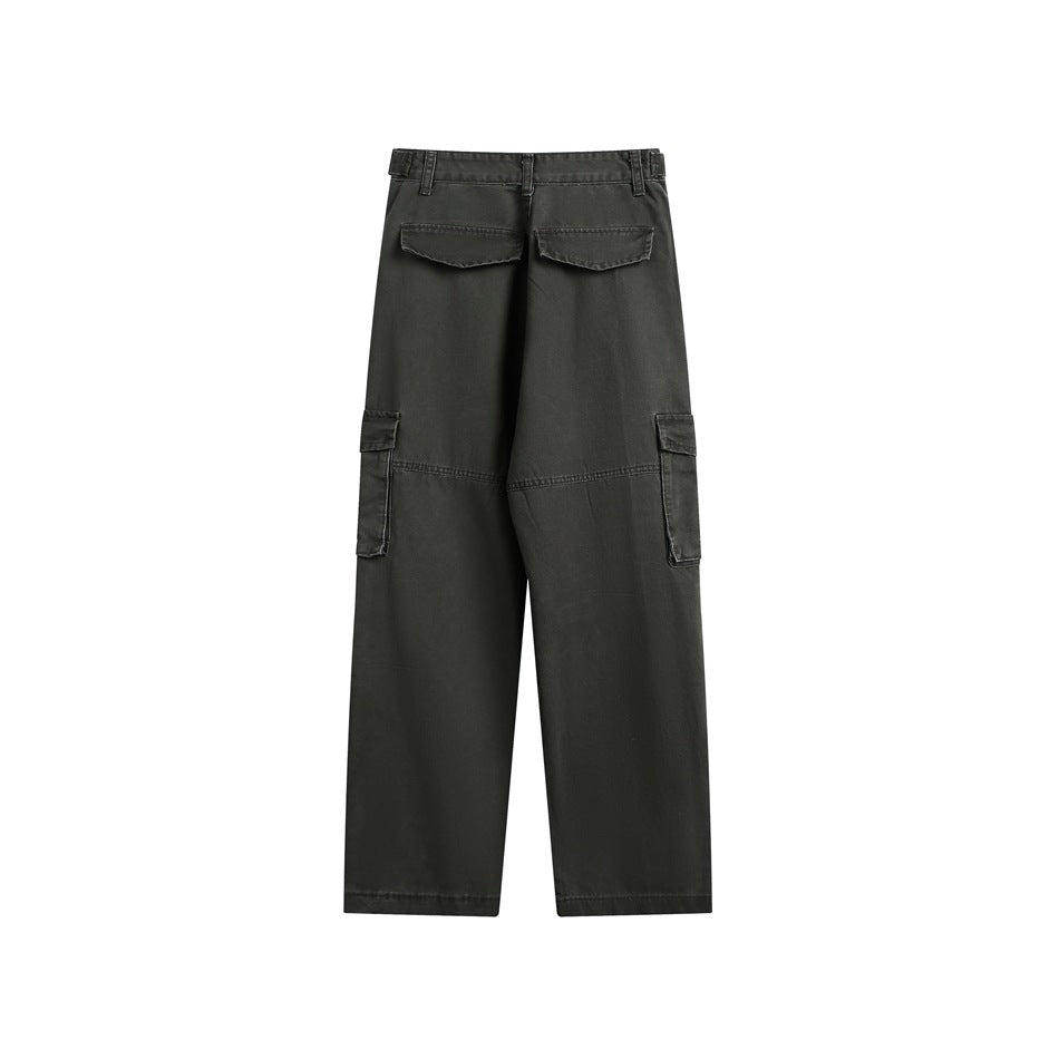 Back view of charcoal wide-leg cargo pants with two flap pockets and side cargo pockets.