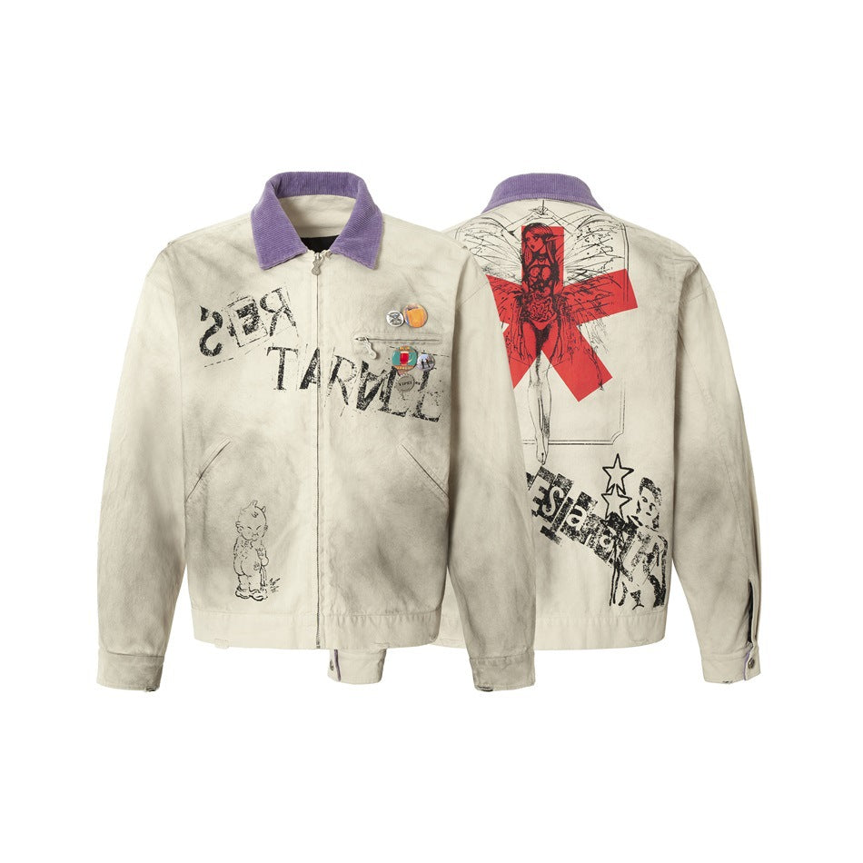Beige jacket shown from the front and back, with a purple collar, chest pins and bold graphic prints.