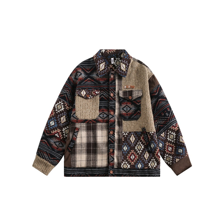 Front view of a patchwork jacket with geometric jacquard, plaid, beige knit-look and brown panels, flap pockets and buttons