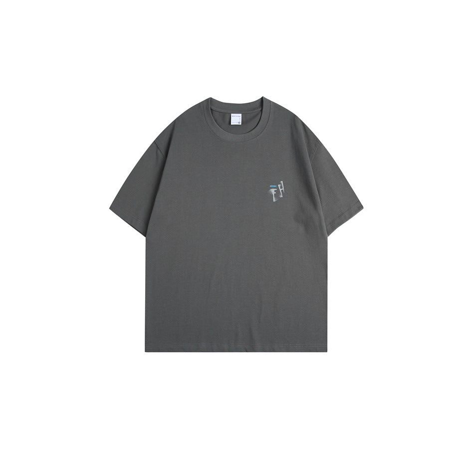 Charcoal gray short-sleeve crew-neck T-shirt with a small chest graphic, shown flat against a white background.