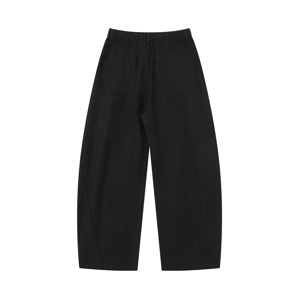 Back view of black wide-leg pants with an elastic waistband and two rear patch pockets.