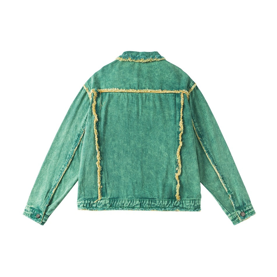 Back view of a teal denim jacket with yellow frayed trim along the seams and hem.