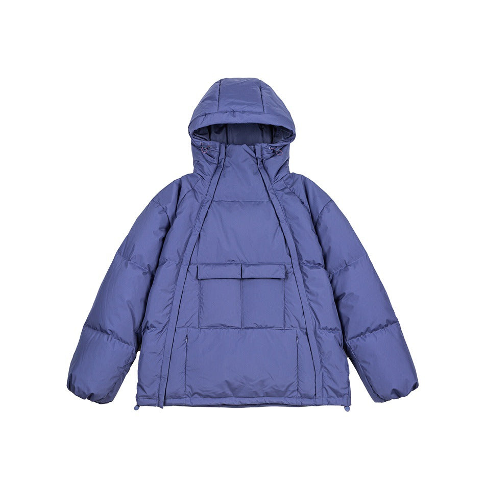 Blue-purple hooded puffer jacket flat lay, front view with flap chest pocket and dual front zip lines