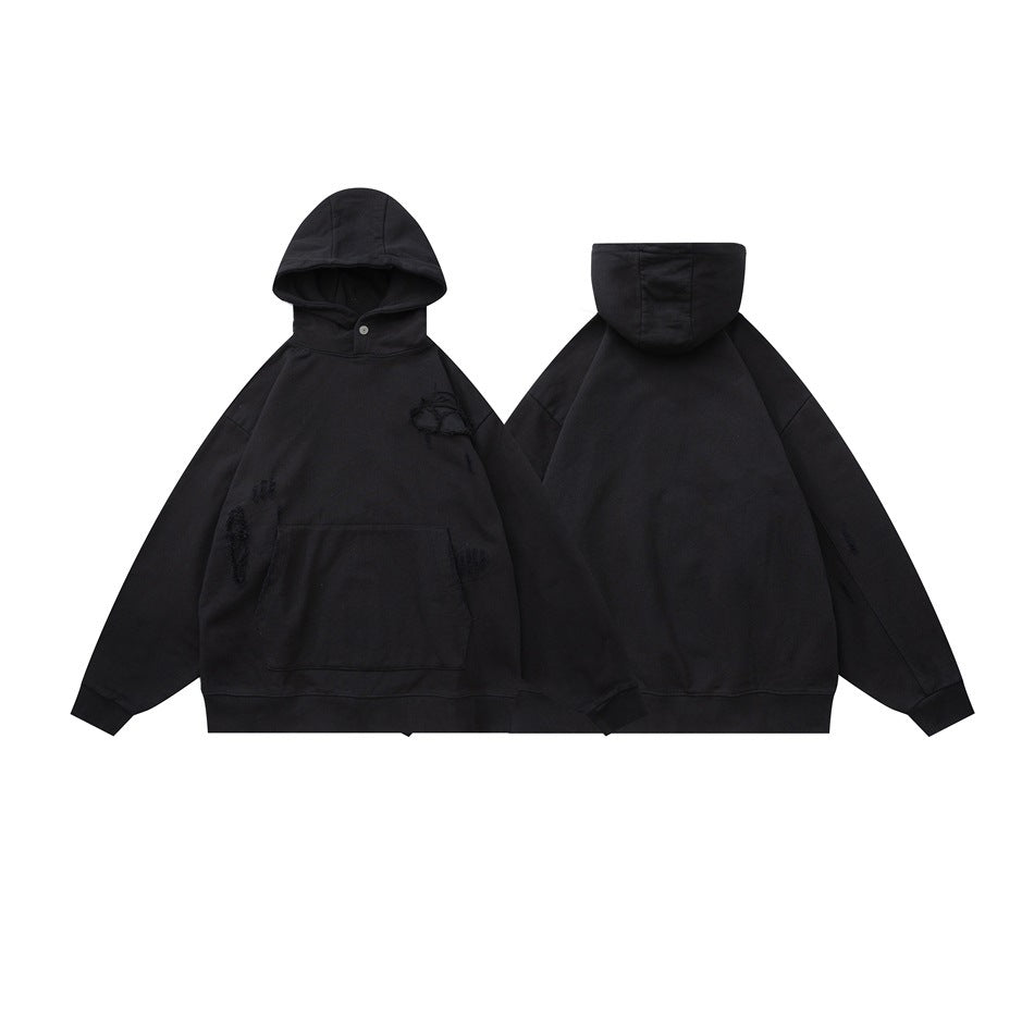 Black distressed hooded pullover shown from the front and back, with a front kangaroo pocket and snap-neck hood.