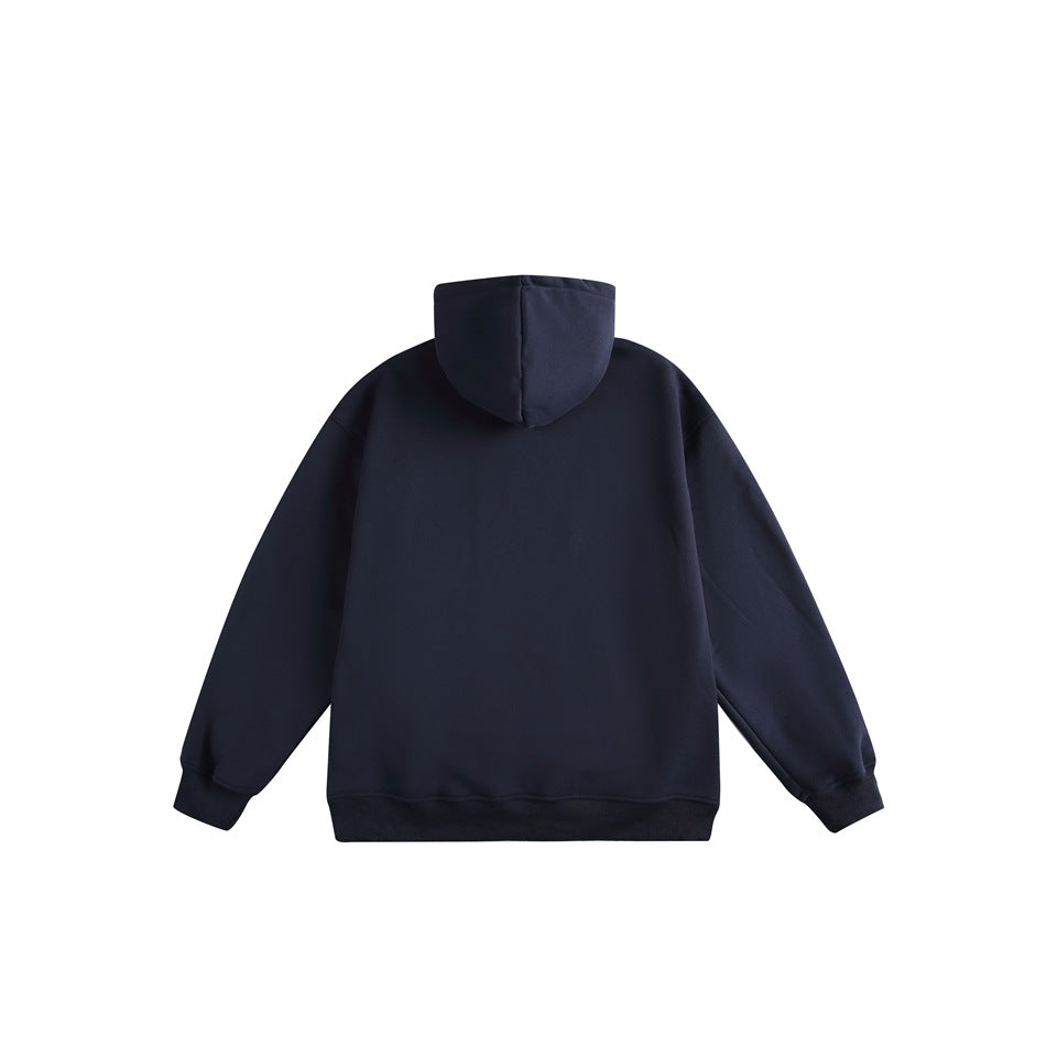 Back view of a navy hooded sweatshirt with plain back, ribbed cuffs and hem, flat lay