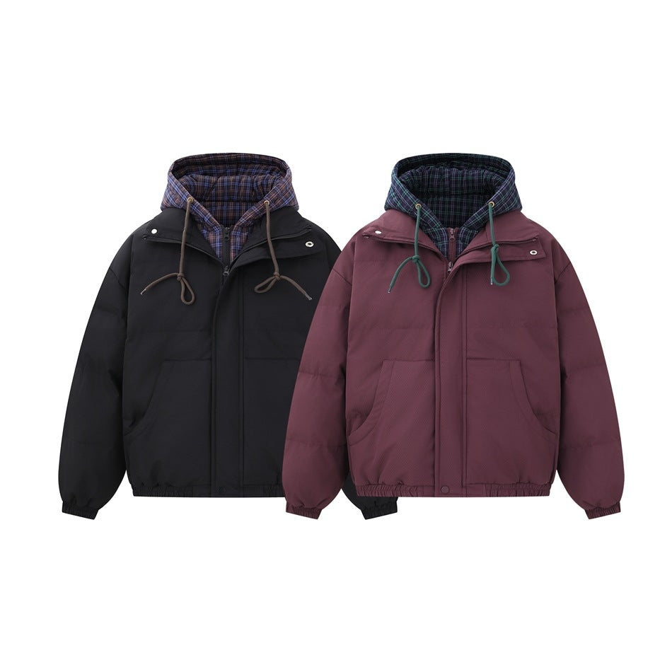 Two hooded jackets shown from the front: one black with a brown plaid lining and one burgundy with a green plaid lining.