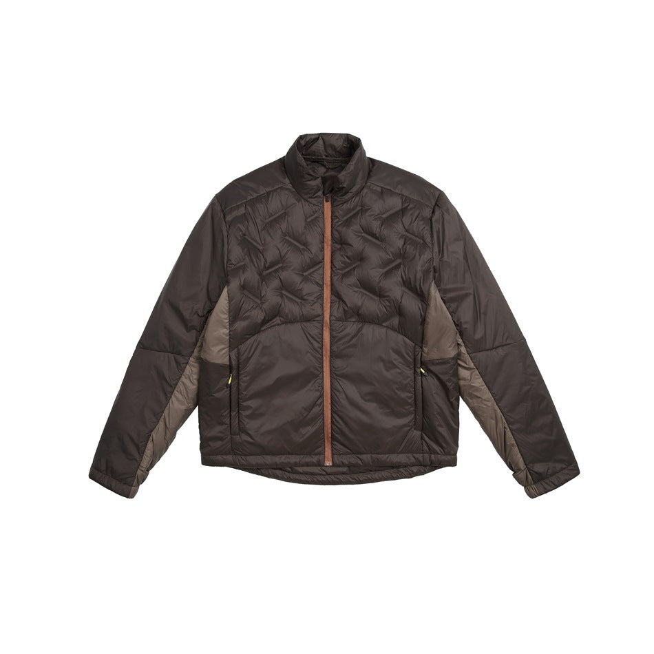 Dark brown quilted stand-collar zip jacket with taupe side panels and a rust-colored zipper, flat lay front view