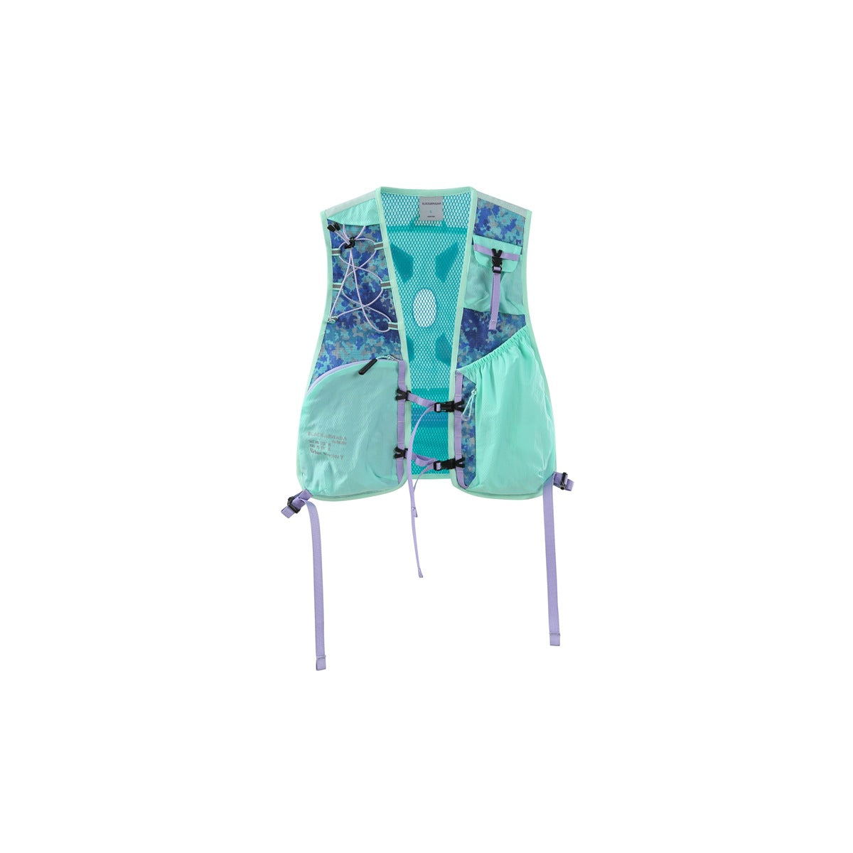 Mint green camo mesh running-style vest with lavender straps and front pockets, flat lay on white