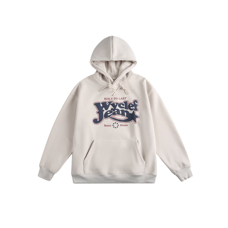Apricot pullover hoodie with navy and red lettered chest graphic, kangaroo pocket and gray ribbed trim, flat lay