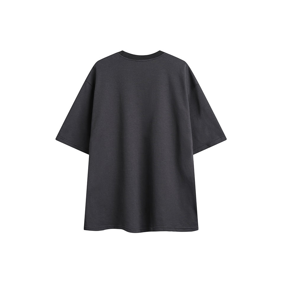 Back view of a plain charcoal oversized short-sleeve crew-neck T-shirt on a white background.