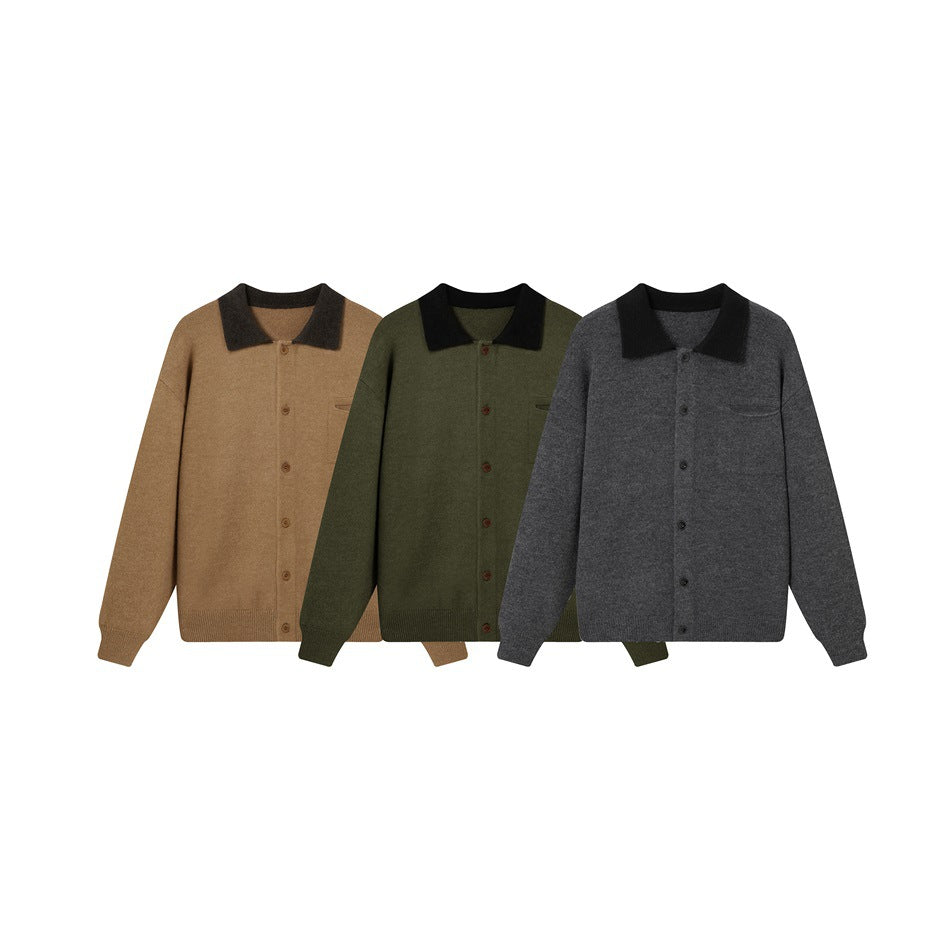 Three front views of button-front knit cardigans in tan, olive green, and charcoal gray, each with a dark collar.