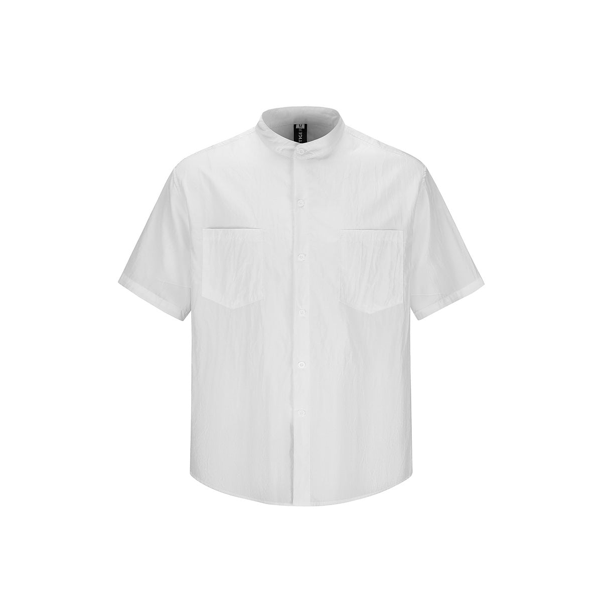 Off-white short-sleeve stand-collar button-up shirt with two chest patch pockets, flat front view
