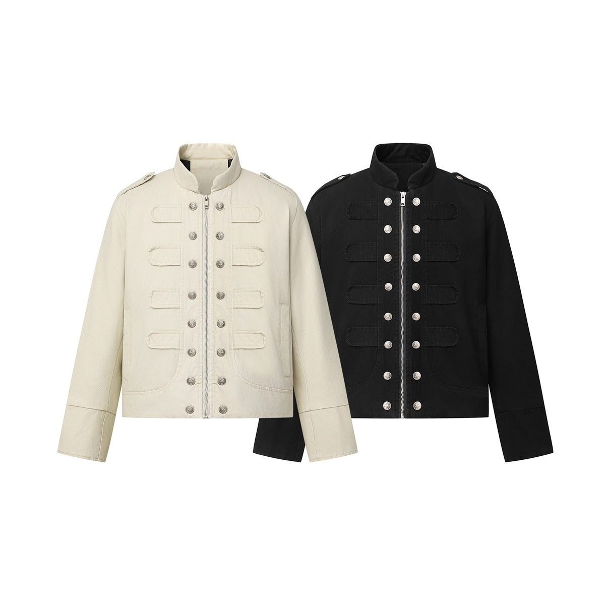 Front view of two stand-collar jackets, one ivory and one black, with central zippers, rows of buttons and flap details.