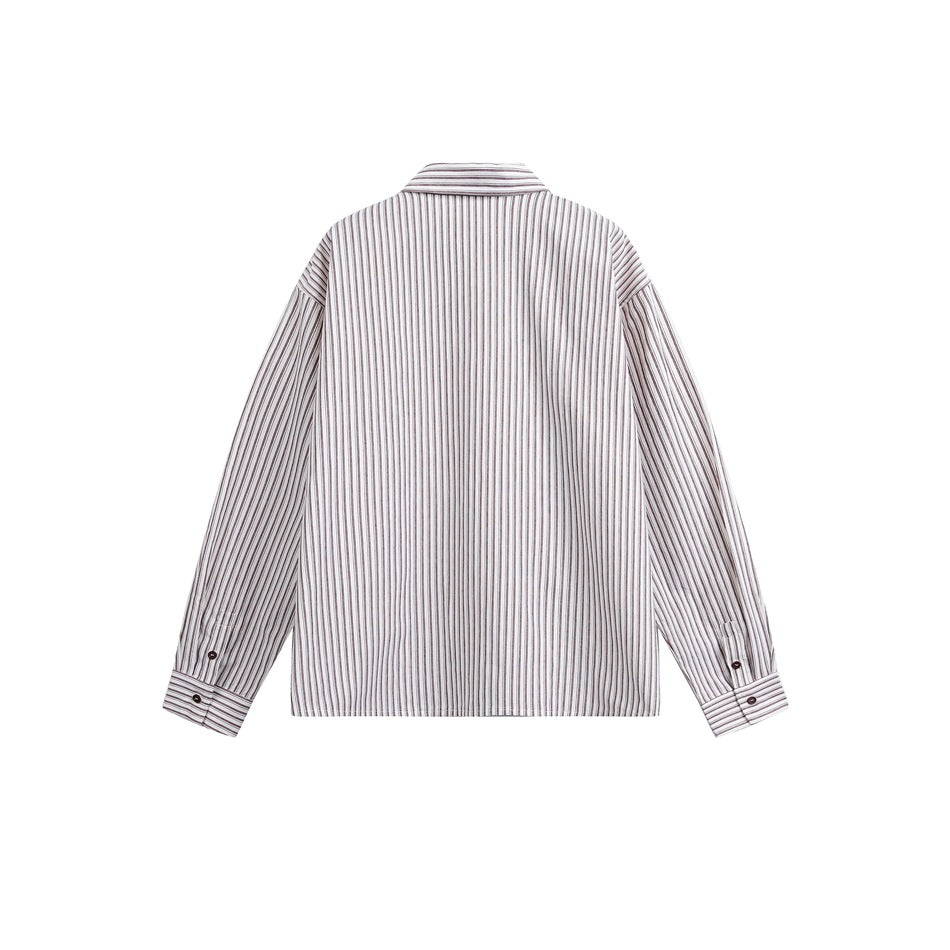 Back view of a long-sleeve collared shirt with narrow burgundy-gray vertical stripes and buttoned cuffs.