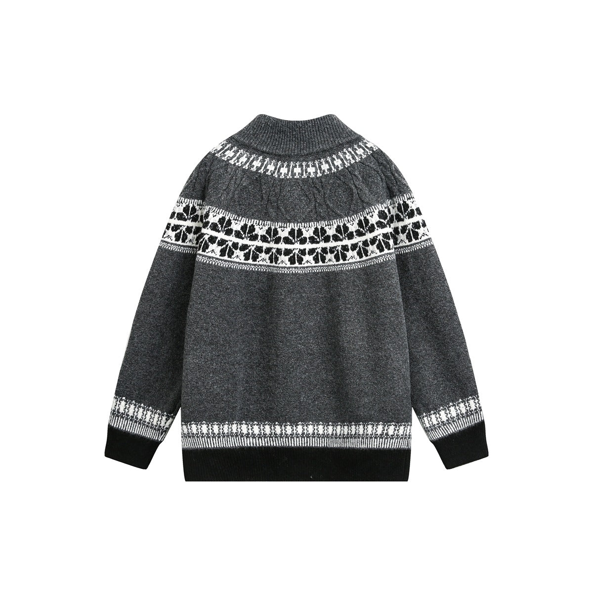 Back view of a charcoal gray knit sweater with a high ribbed collar, white patterned yoke and cuffs, and black ribbed hem.