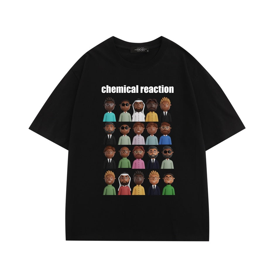 Black short-sleeve T-shirt with 'chemical reaction' text and a grid of cartoon character portraits