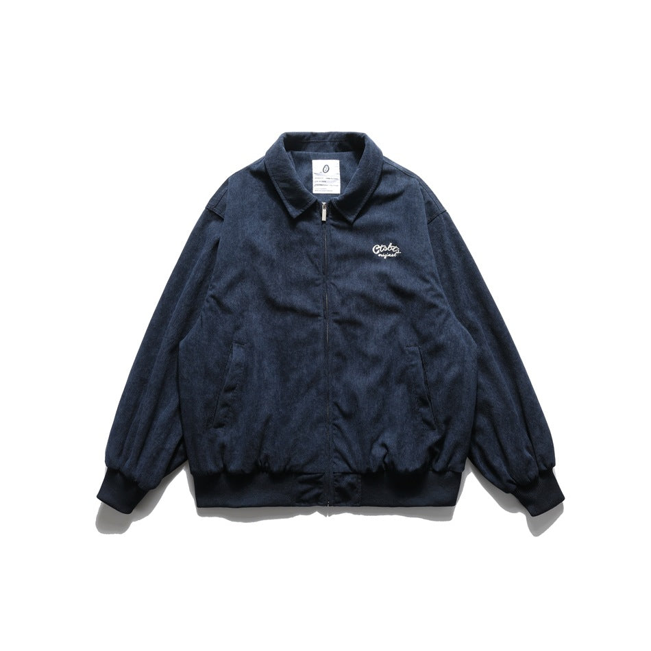 Navy corduroy-look zip-front jacket with turn-down collar, ribbed cuffs and hem, and white embroidery on left chest