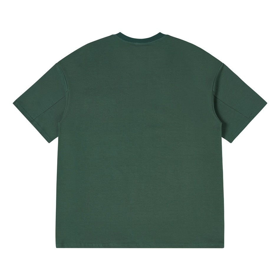 Plain dark green short-sleeve crew-neck T-shirt shown from the back against a white background.