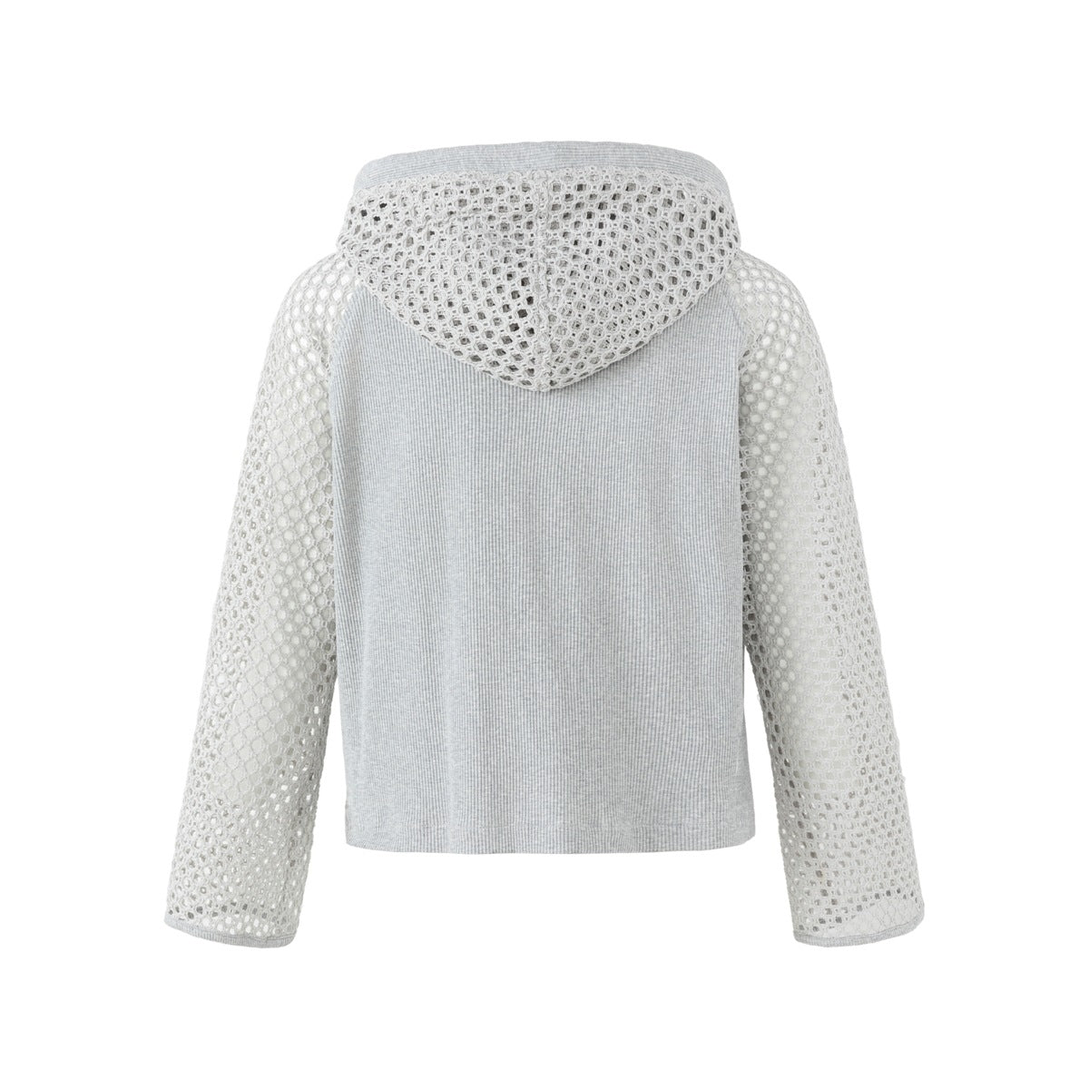 Back view of a light gray hoodie with an open-knit mesh hood and sleeves and a solid ribbed body.